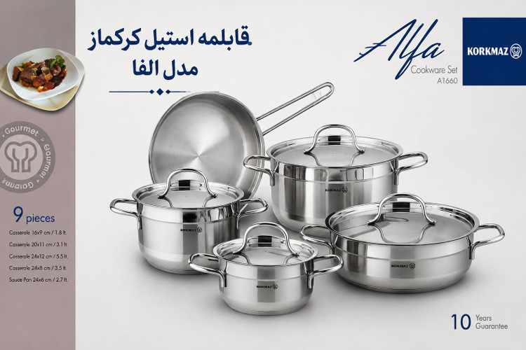 سرویس قابلمه استیل کرکماز مدل Alfa (آلفا) – ۹ پارچه