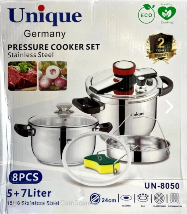 زود پز و پلوپز دو قلو یونیک 8 پارچه 5 و 7 لیتر استیل لیسانس آلمان مدل UNIQUE UN-8050